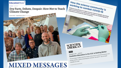 Collage of newspaper clippings and an image of NCSE's teacher ambassadors.