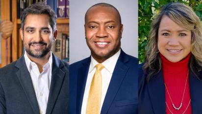 A photo collage of Chakrabarty, Shepherd, and Sims.