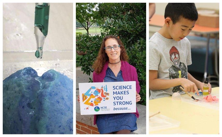Collage: an eye dropper, a teacher holding a sign, and a youth engaged in an activity.