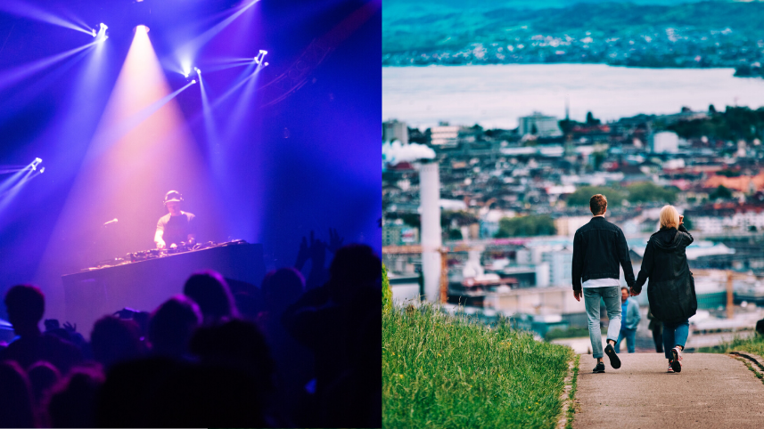 Collage of a dancefloor and a couple walking in the park