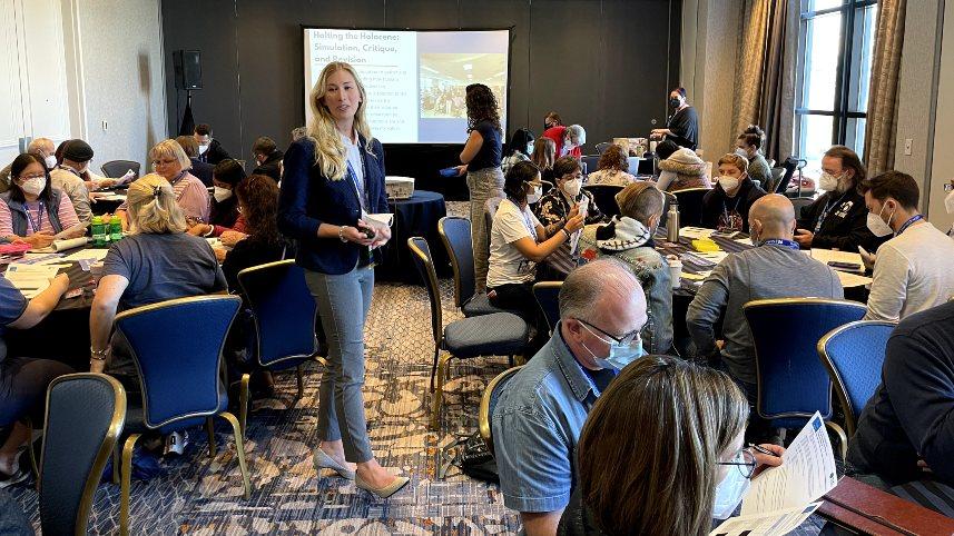 NCSE Teacher Ambassador Chandler Tawney presents a lesson at the Evolution Symposium.