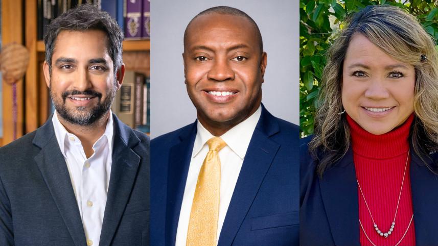 A photo collage of Chakrabarty, Shepherd, and Sims.