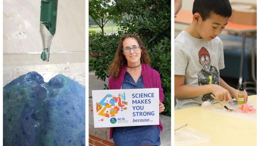 Collage: an eye dropper, a teacher holding a sign, and a youth engaged in an activity.